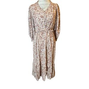 Blu Pepper Dresses Floral Peasant Midi Dress Brown White Large